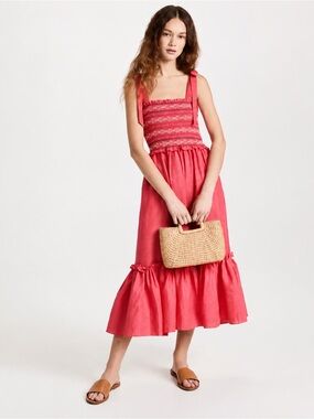 Cara Cara Jenny Linen Smocked Midi Dress Med Pink Feminine Resortwear Vacation